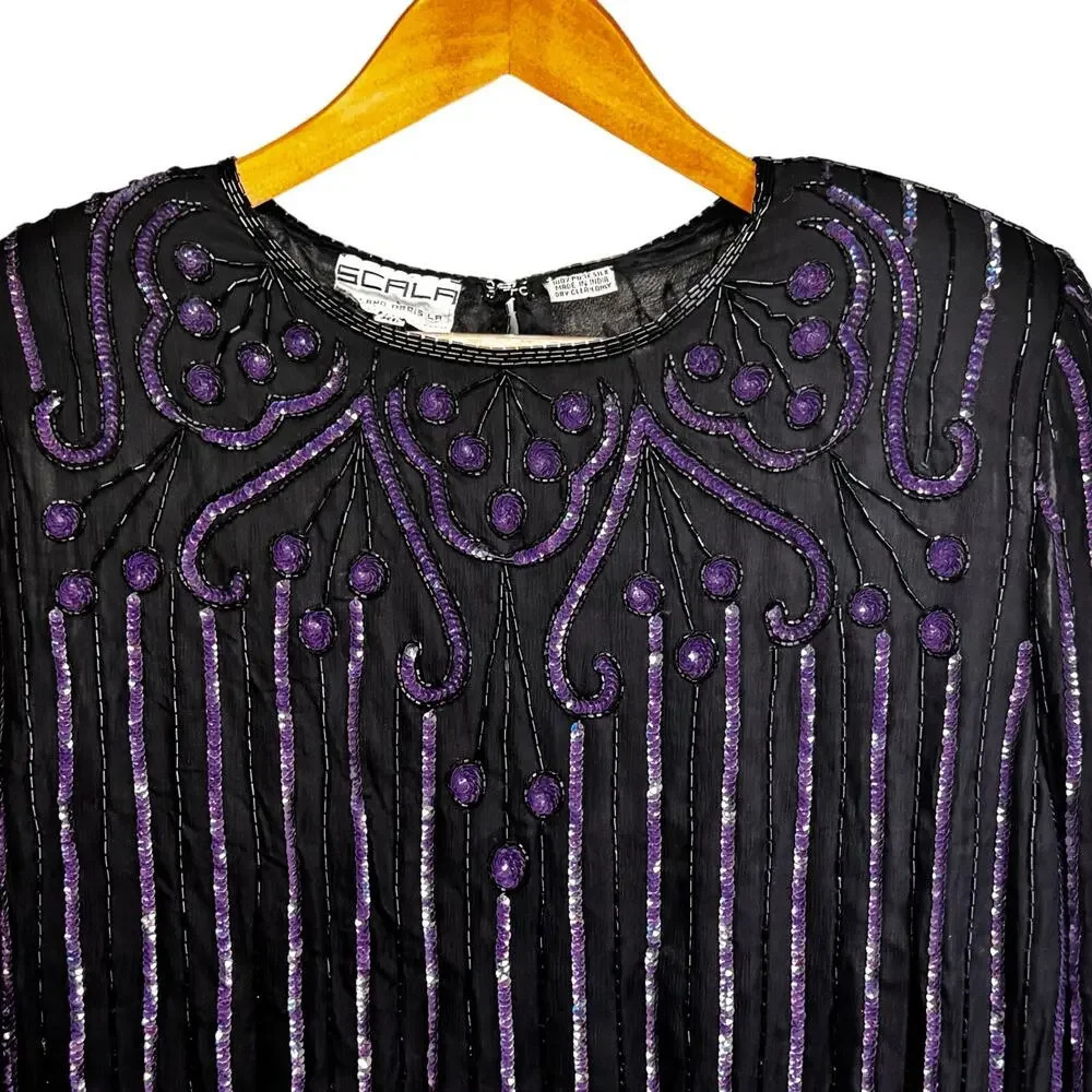 Vintage Scala Silk Blouse Black Purple Beading Sequins Long Sleeve Women's XL - Picture 2 of 8